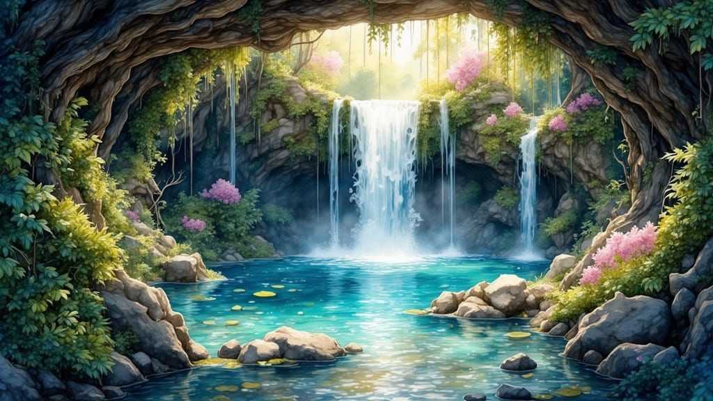 Hidden Waterfall Grotto in Fantasy Art Style