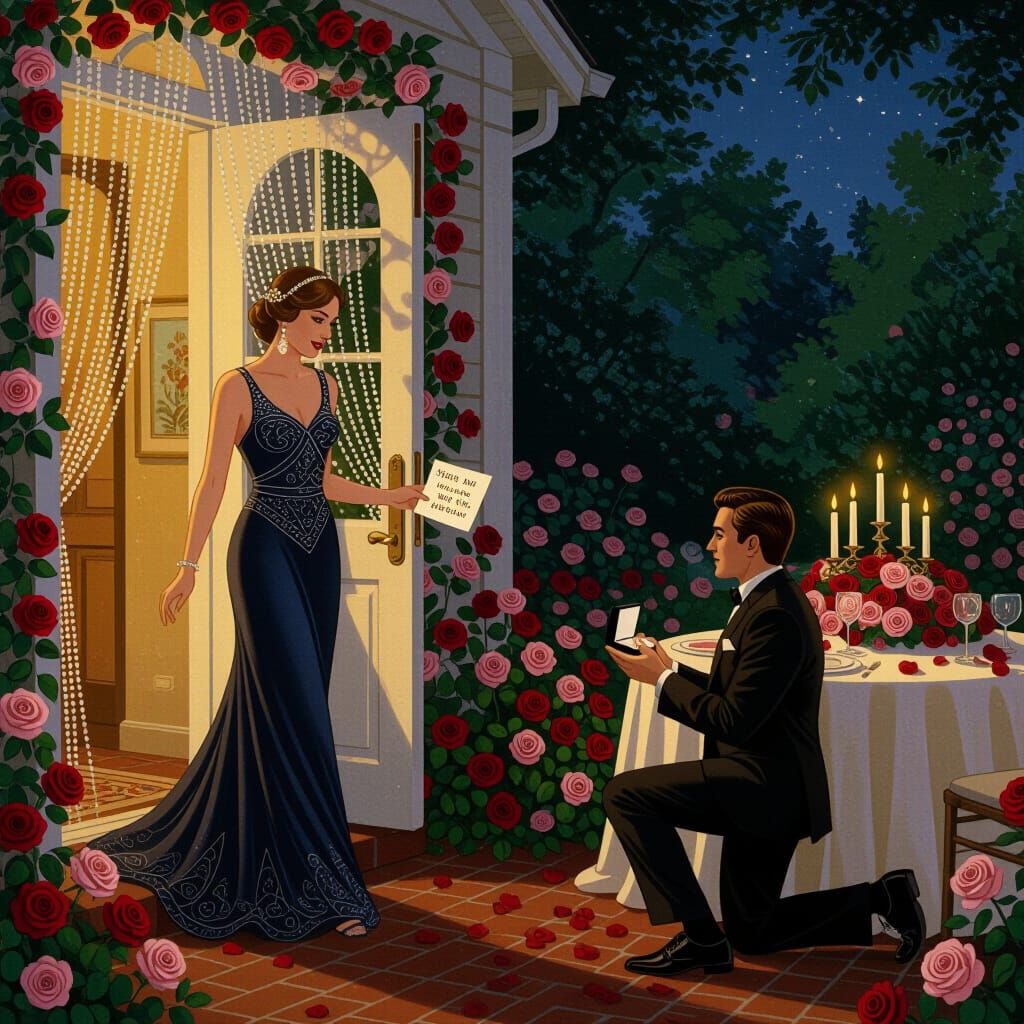 Romantic Proposal Amidst Roses and Art Nouveau Elegance