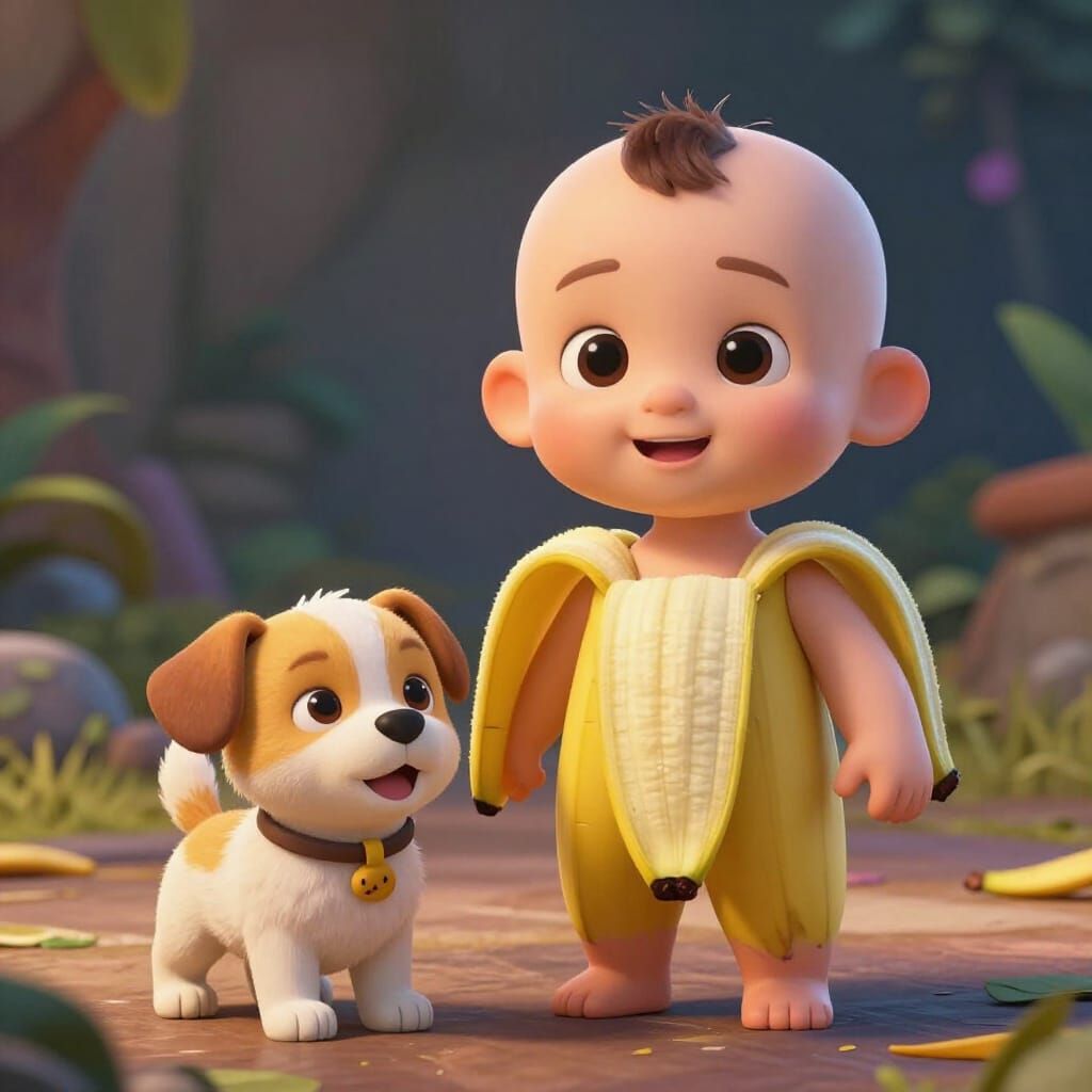 Banana Baby and Puppy in 3D Game Cinematic Style