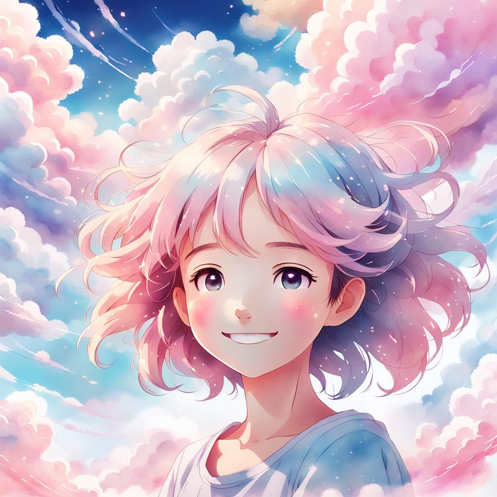 Anime Girl Ascending in Pastel Cloudscape