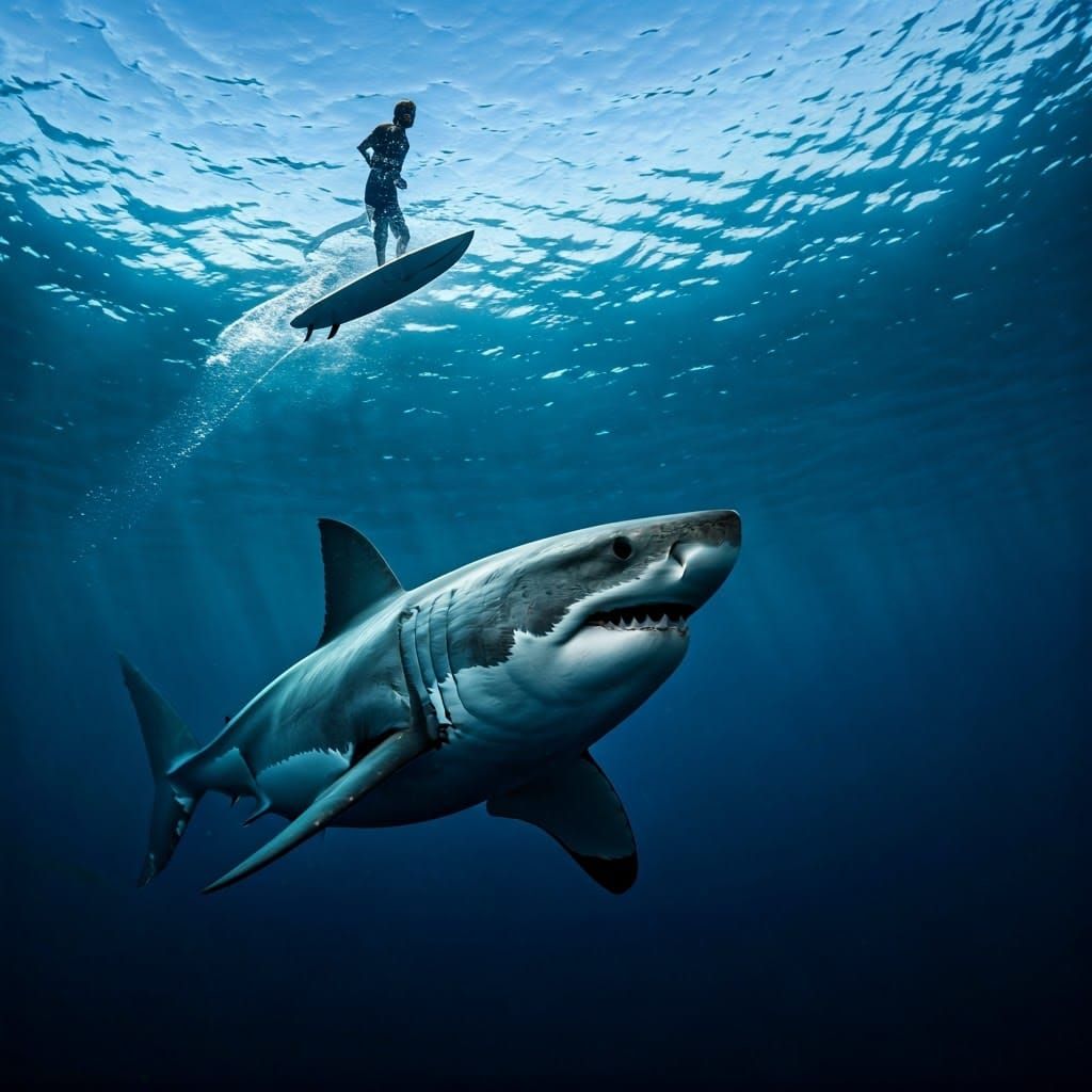 Shark Lurking Beneath Surfing Surfer in Dark Ocean Depths