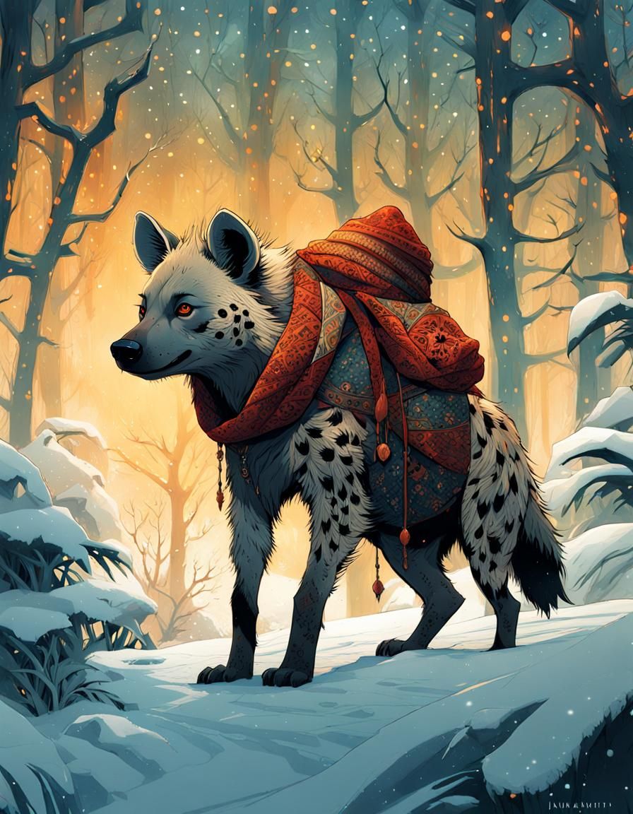 Hyena in Beanie: Detailed Winter Scene
