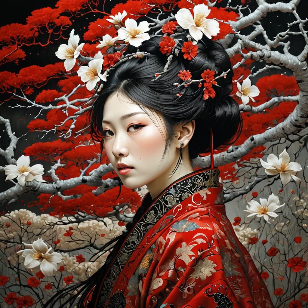 Hyperrealistic Japanese Portrait with Mother of Pearl