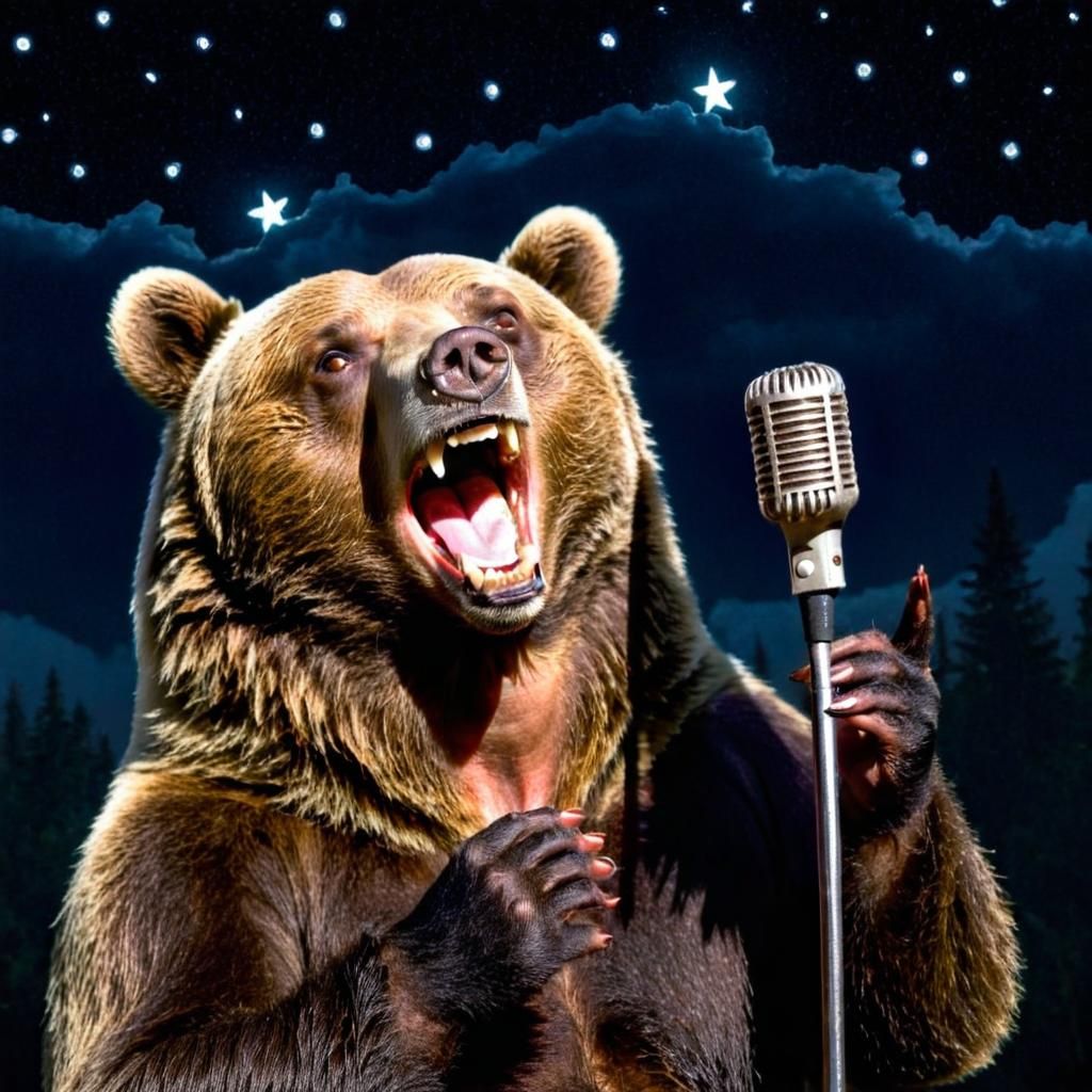 Anthropomorphic Bear Singing in the Night