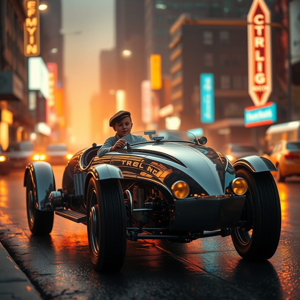 Young Couple Cruises Through Retro-Futuristic Cityscape