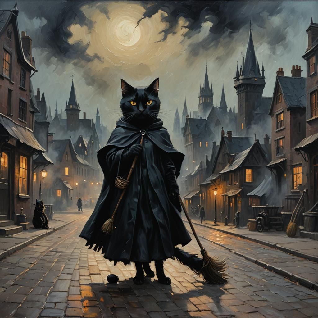 Black Cat and Witch in City, as Oil Painting