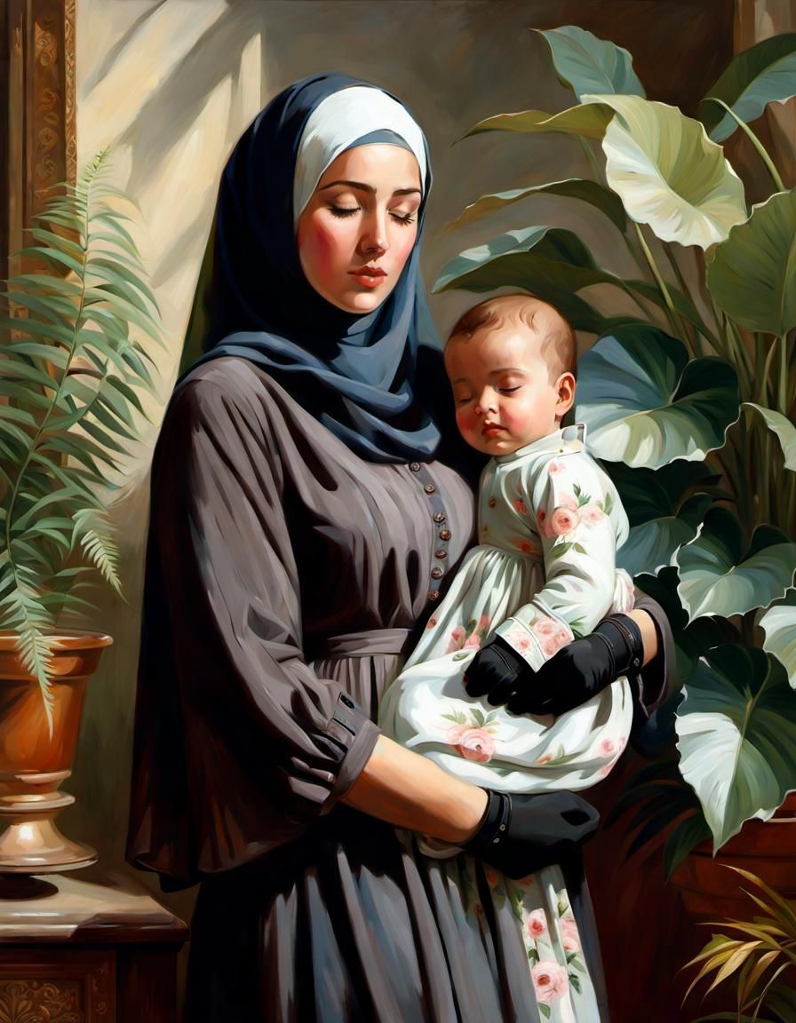 Hijabi Mother and Baby Portrait in Oil Painting Style