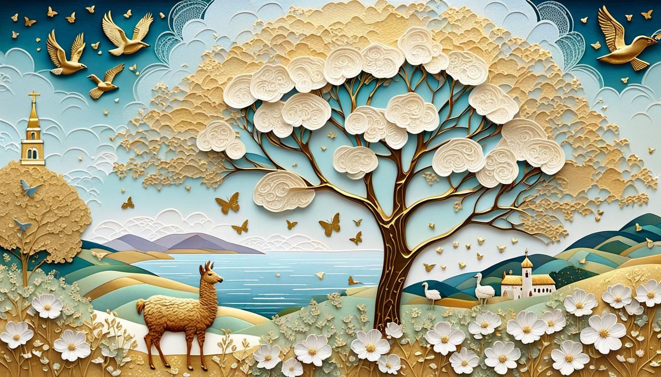 Golden Church with Llamas: Hyperrealistic Concept Art