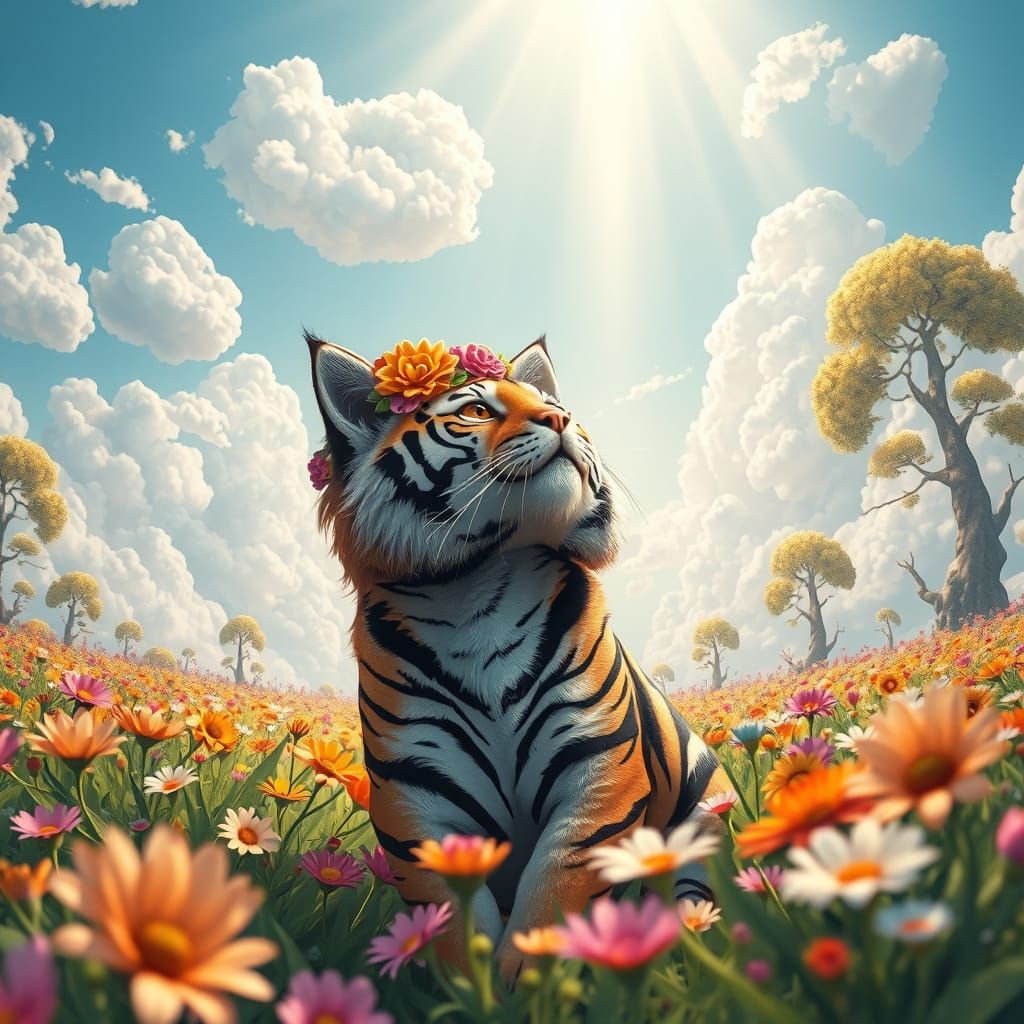 Vibrant Calico Cat-Tiger in a Whimsical Floral Wonderland