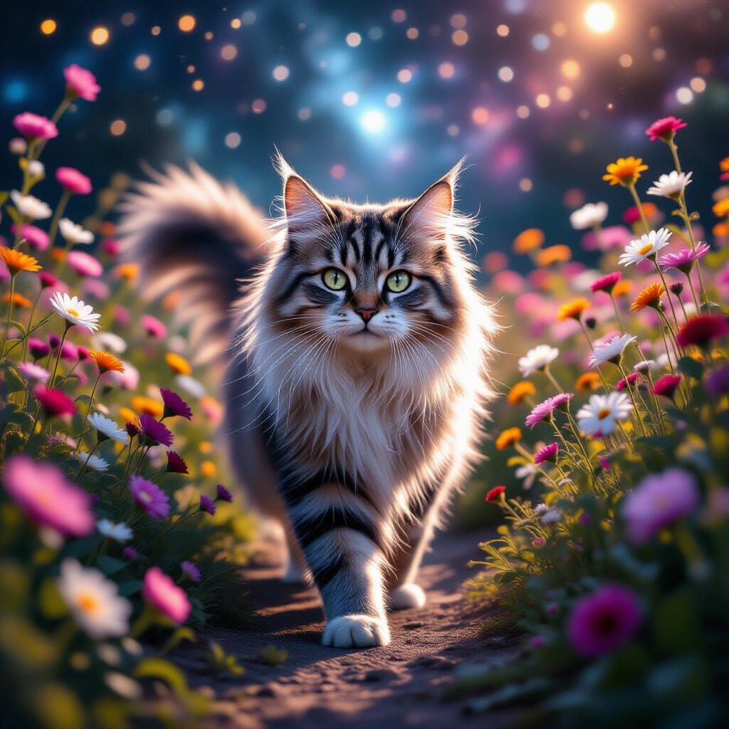 Ethereal Moonlight Cat in Cosmic Star Garden