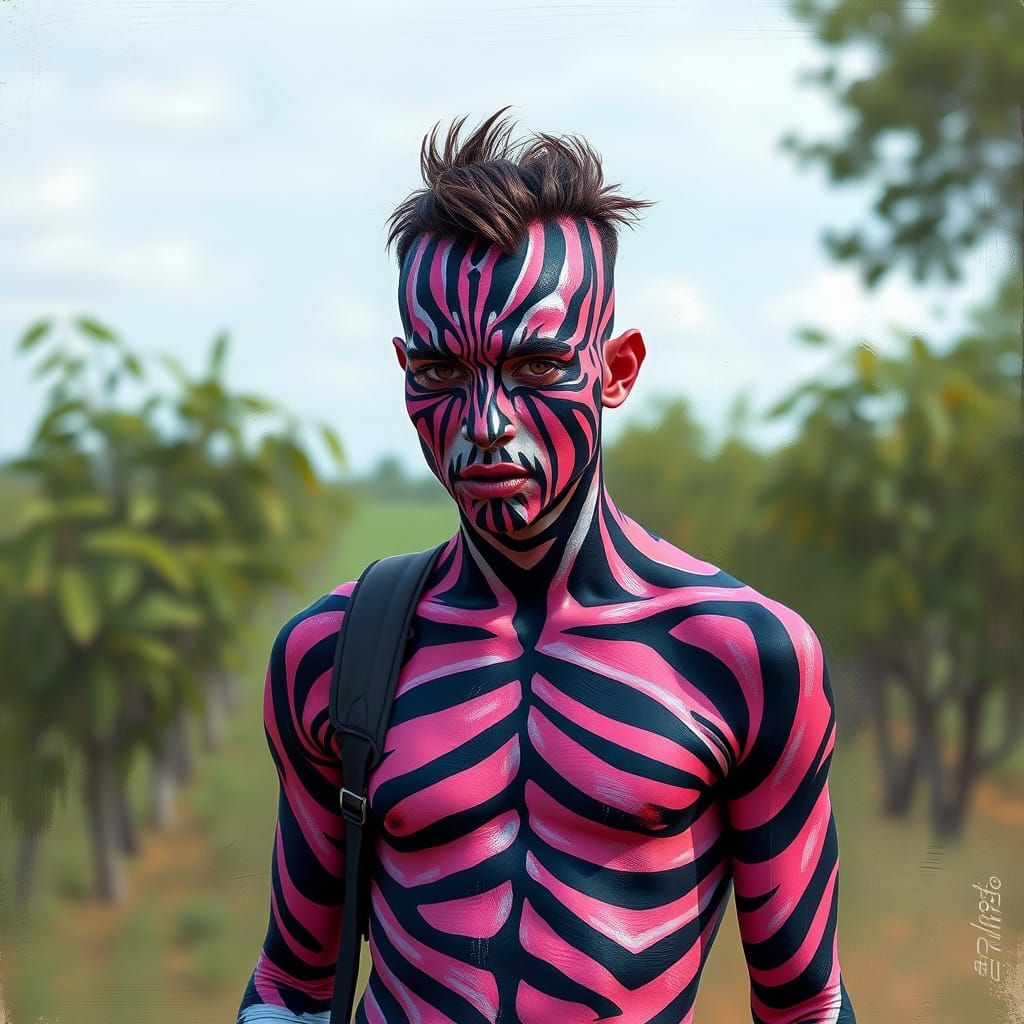 Zebra Body Paint in Expressive Digital Art Style