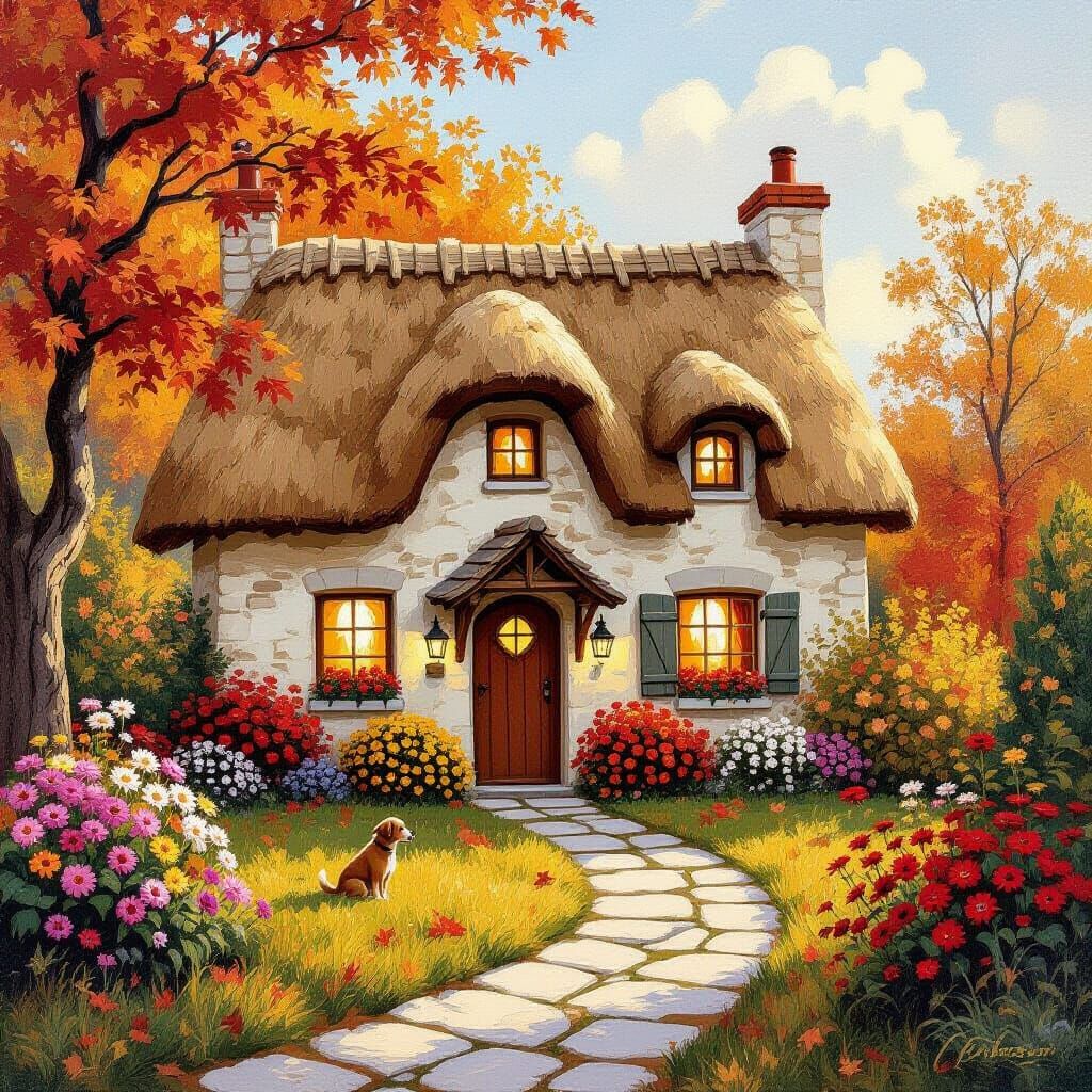 Cozy Autumn Cottage with Dog, Textured Oil Paint