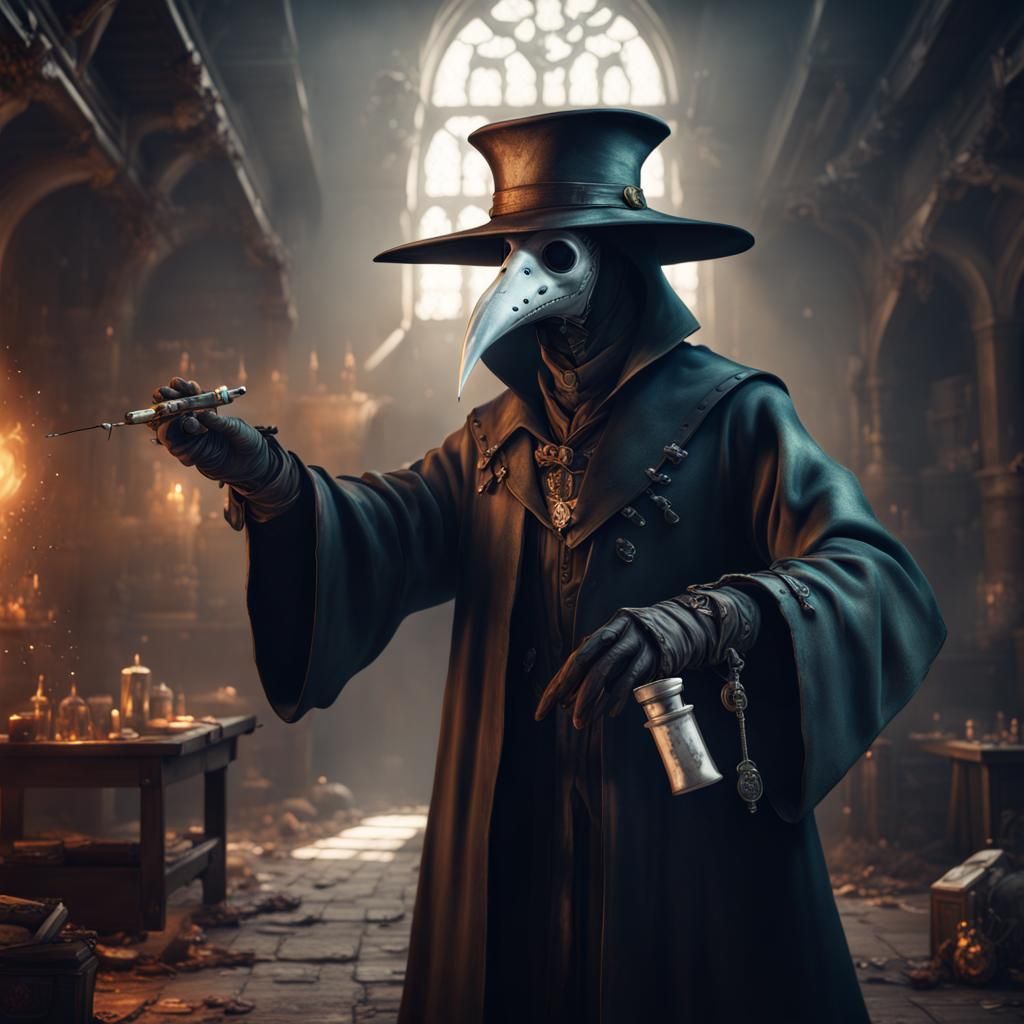 Plague Doctor Offers Syringe: Detailed Matte Painting