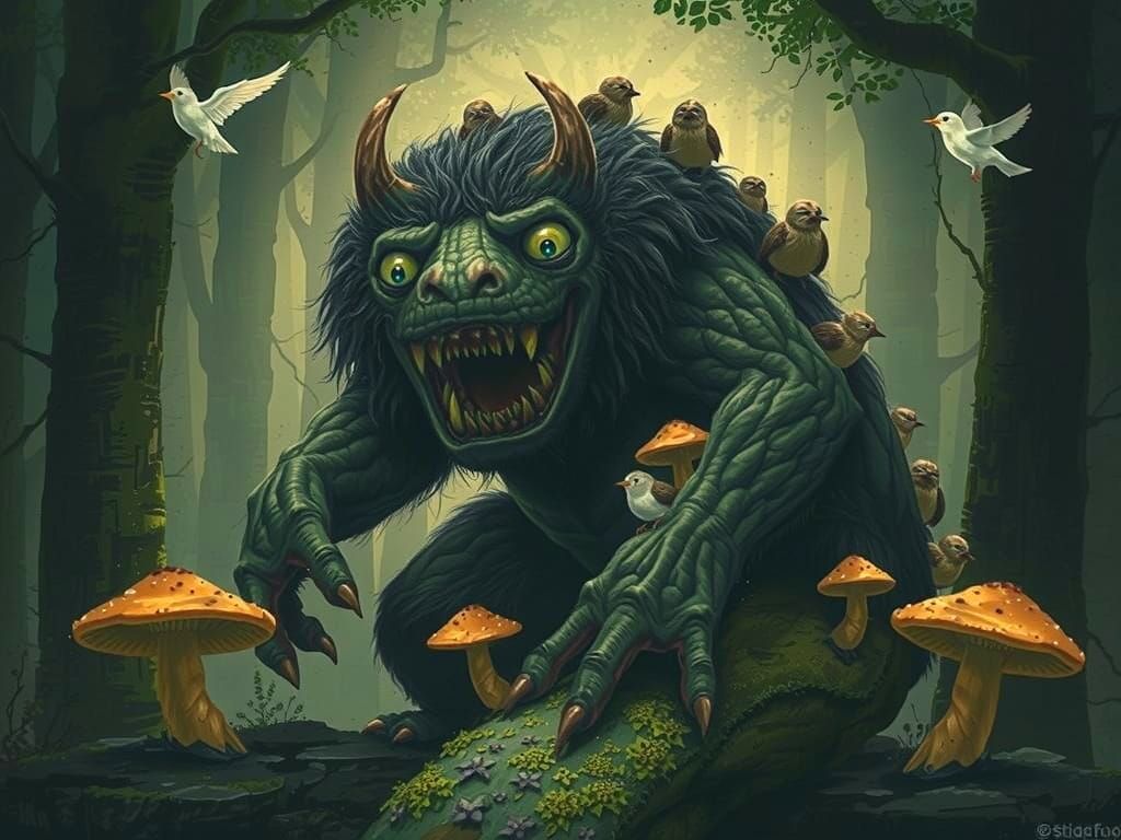 Gentle Guardian Monster with Birds and Mushrooms