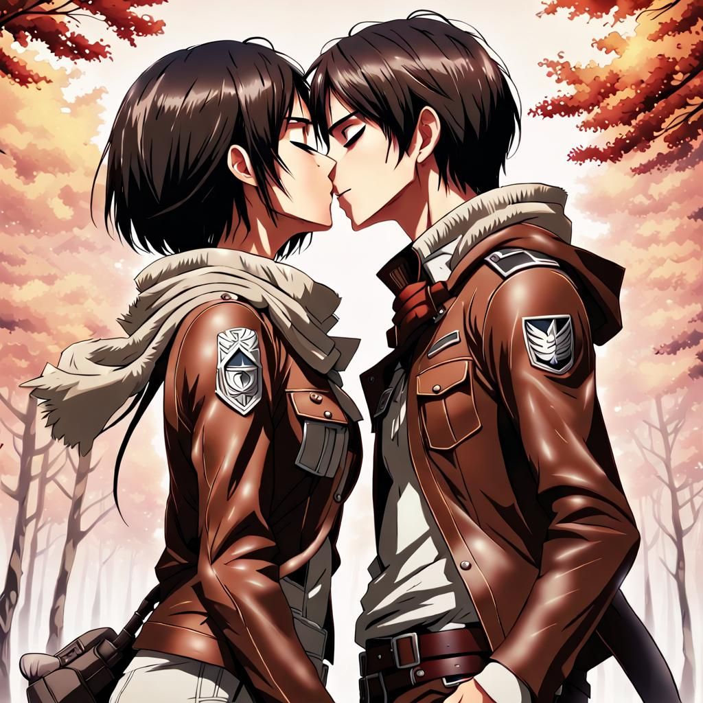 Eren and Mikasa Kiss in Anime Key Visual Style