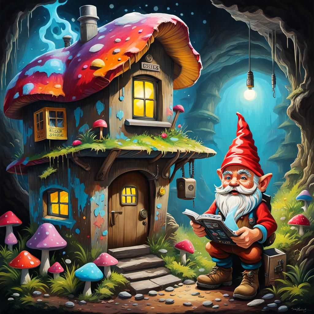 A gnome is sending a telex from his telegraph office in his underground mushroom house III