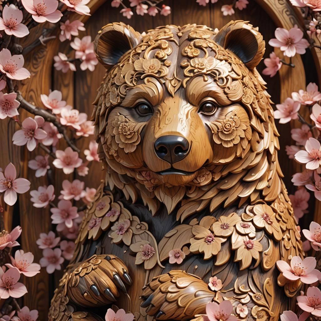 Ornate Wooden Bear Sculpture in 3D Anime Style