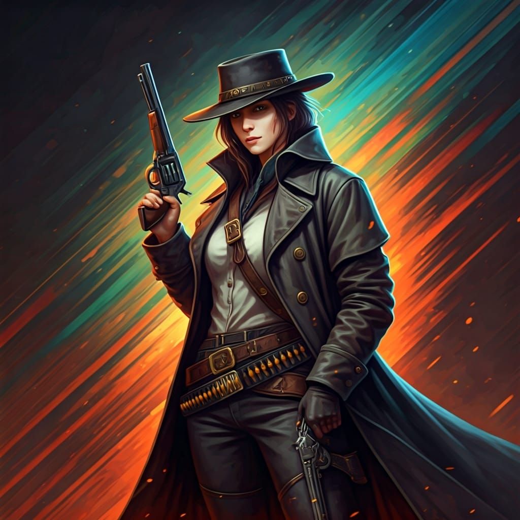 Hyperrealistic Female Gunfighter with Revolver on Abstract B...