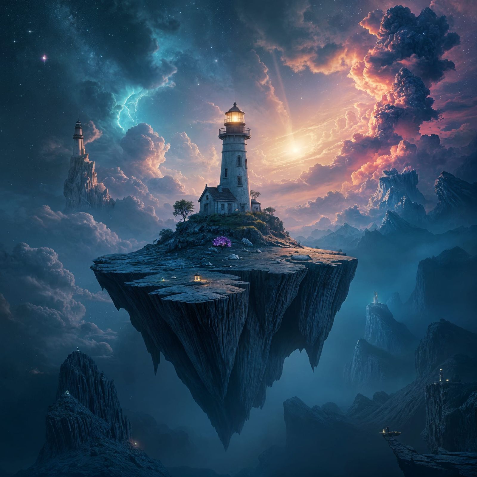 Cosmic Lighthouse on Floating Island Amidst Nebula