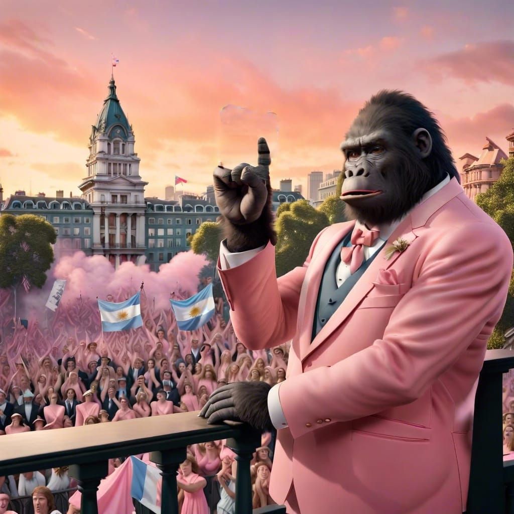peronist king kong in salmon tuxedo, giving a speech to a cr...