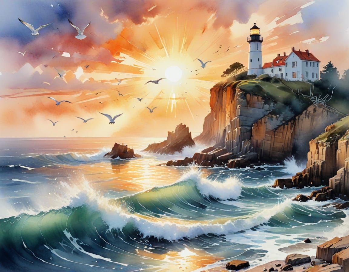 Coastal Cliffside Sunset in Watercolour Style