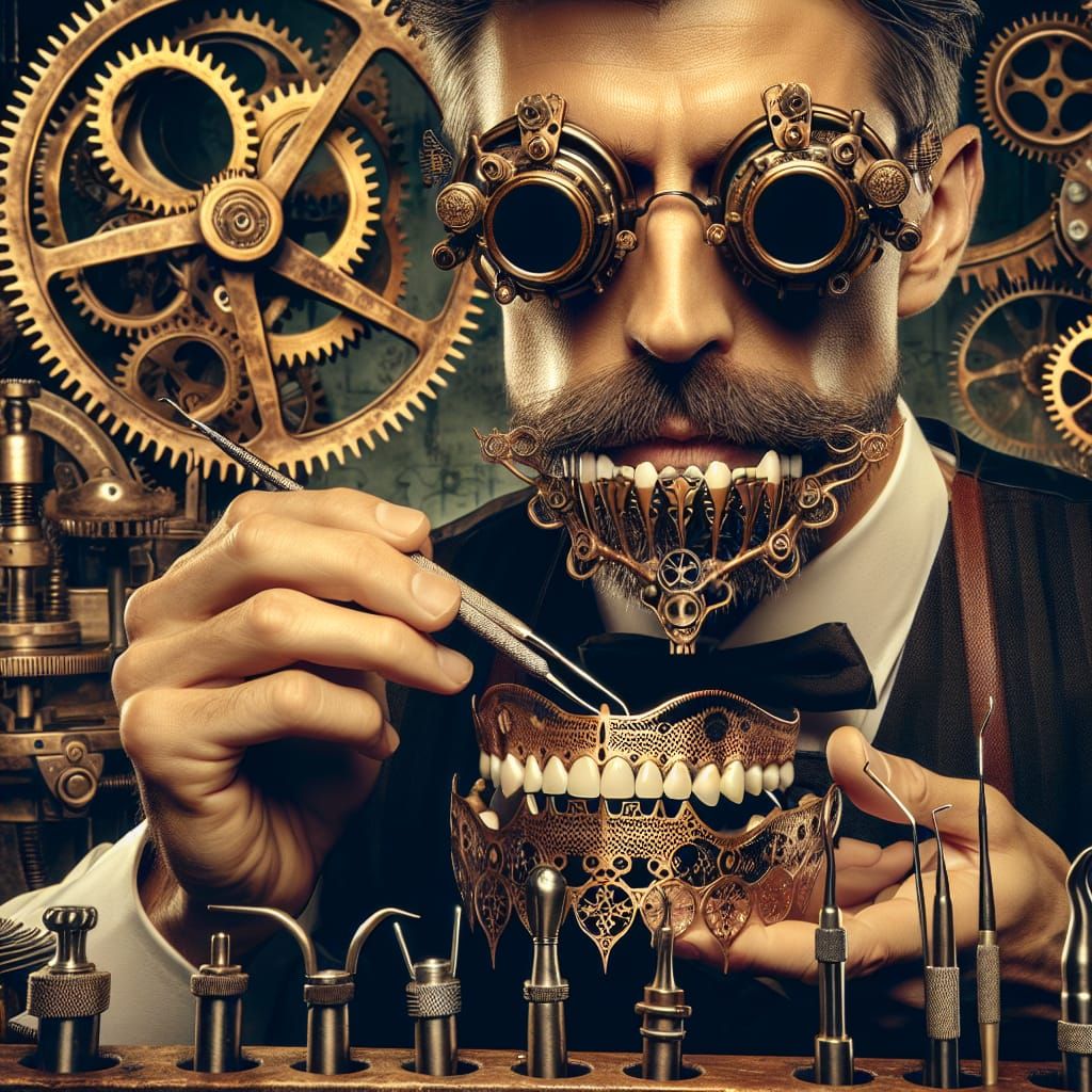 Steampunk Dentist with Brass Dentures and Gears