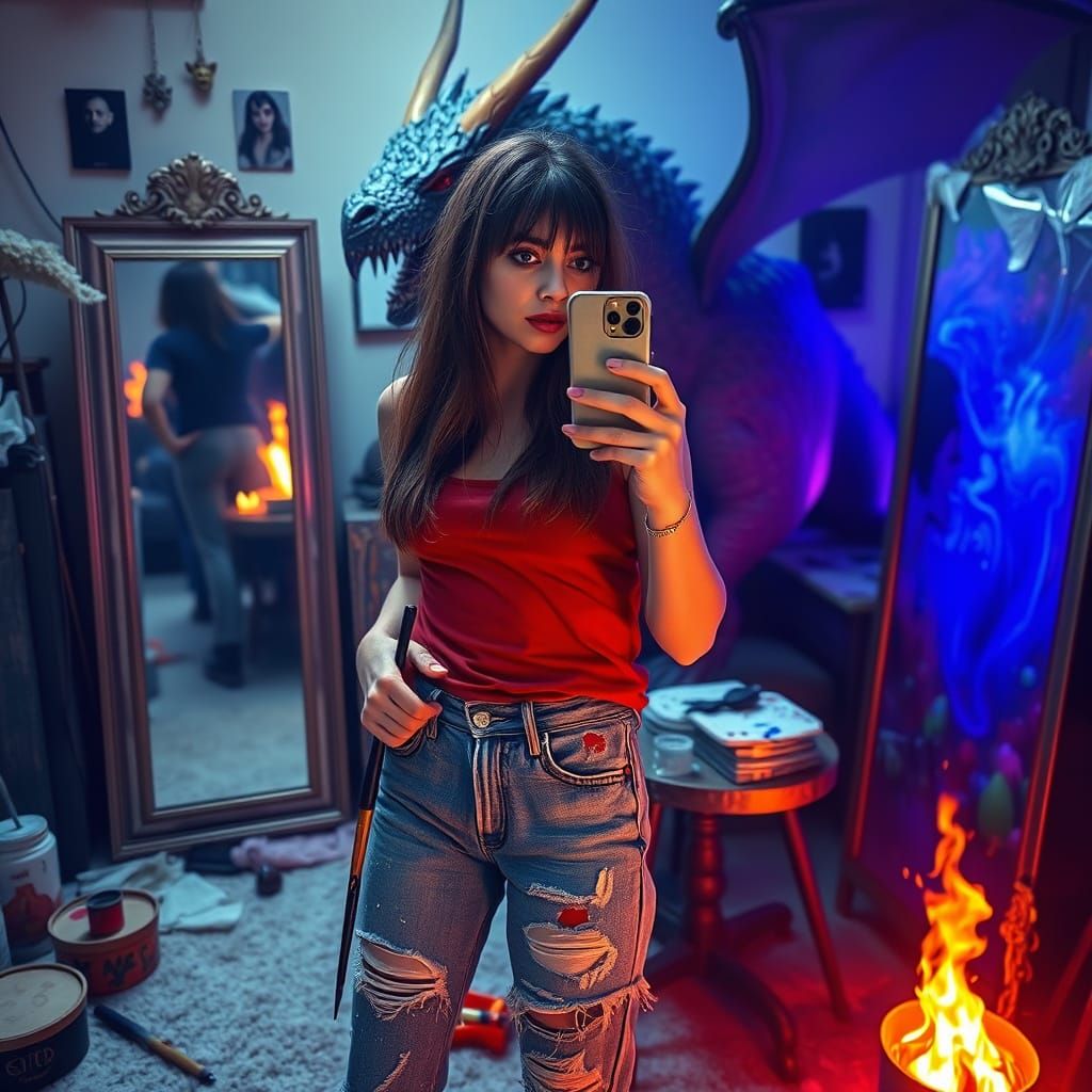 French Woman's Dragon Selfie in Surrealist Style