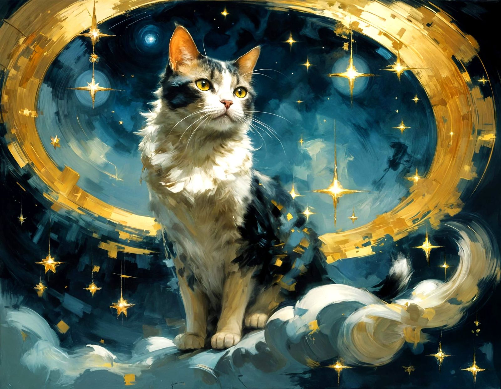 Woman in Dark Pajamas Surrounded by Golden Fairies Under a S...