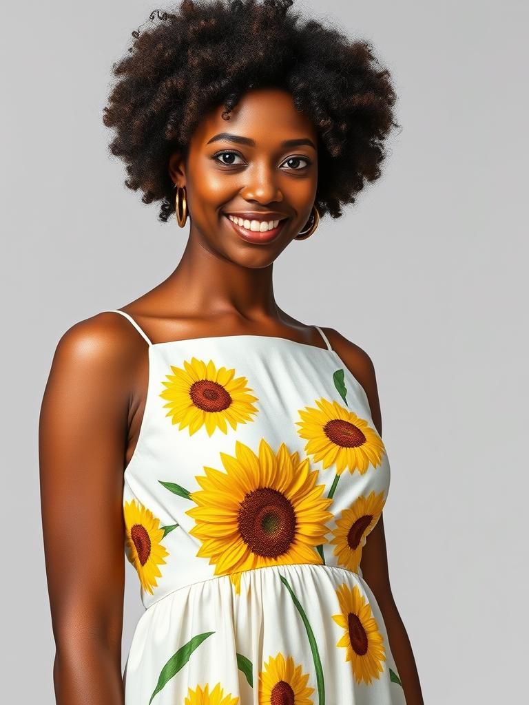 Confident Woman in Sunflower Dress: A Vibrant Portrait