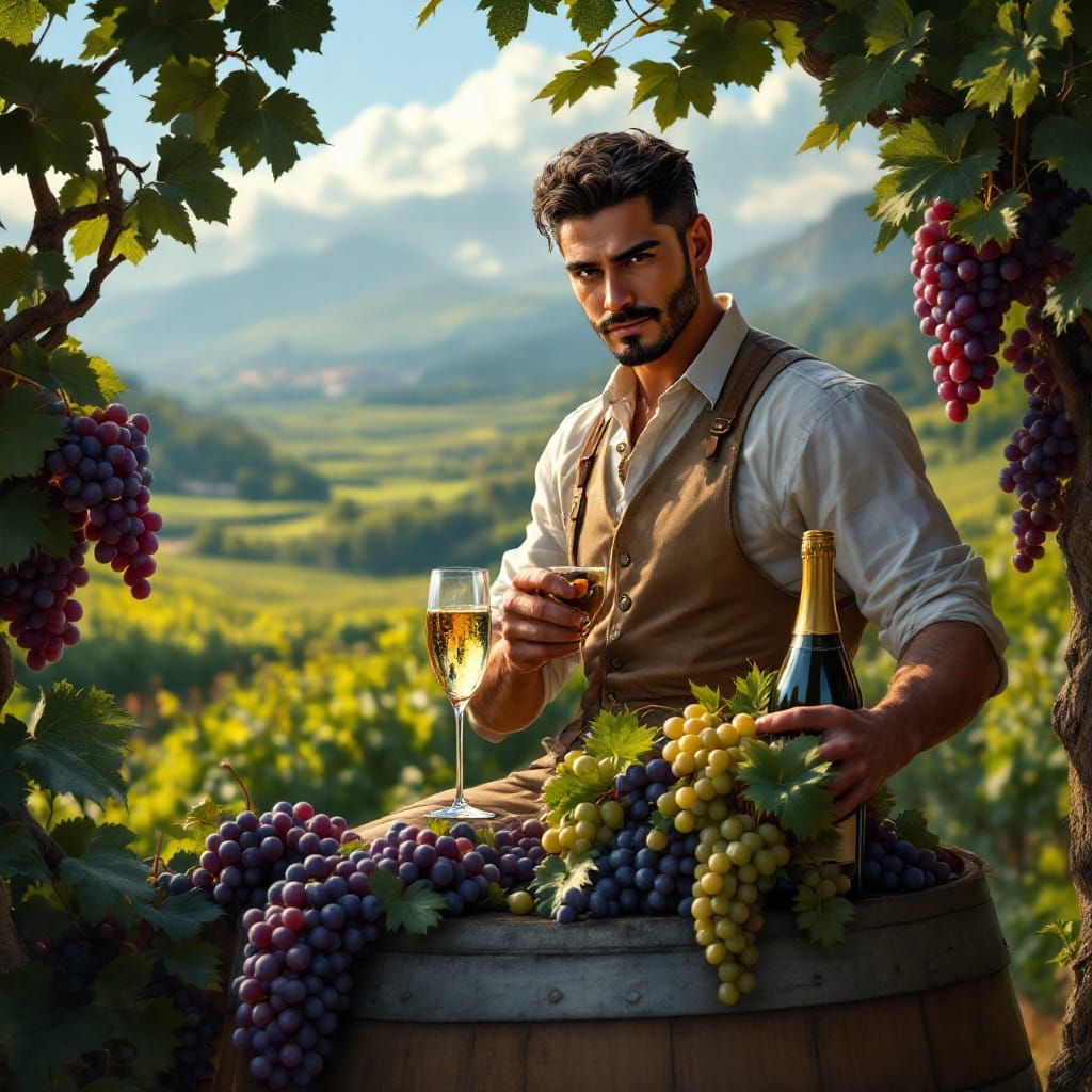 Latino Man with Grapes in Vineyard, Detailed Matte Painting