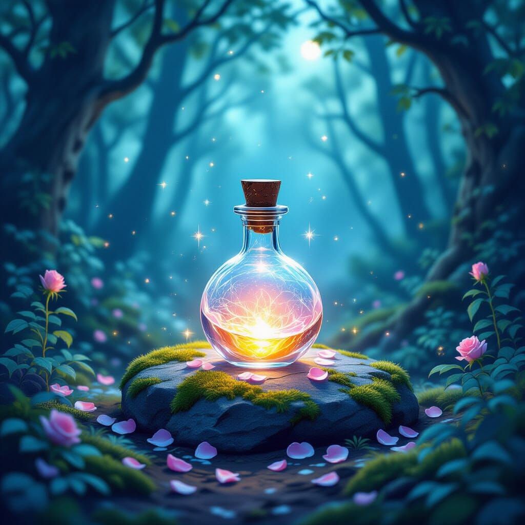 Enchanted Forest Twilight Scene With Glowing Potion Vial
