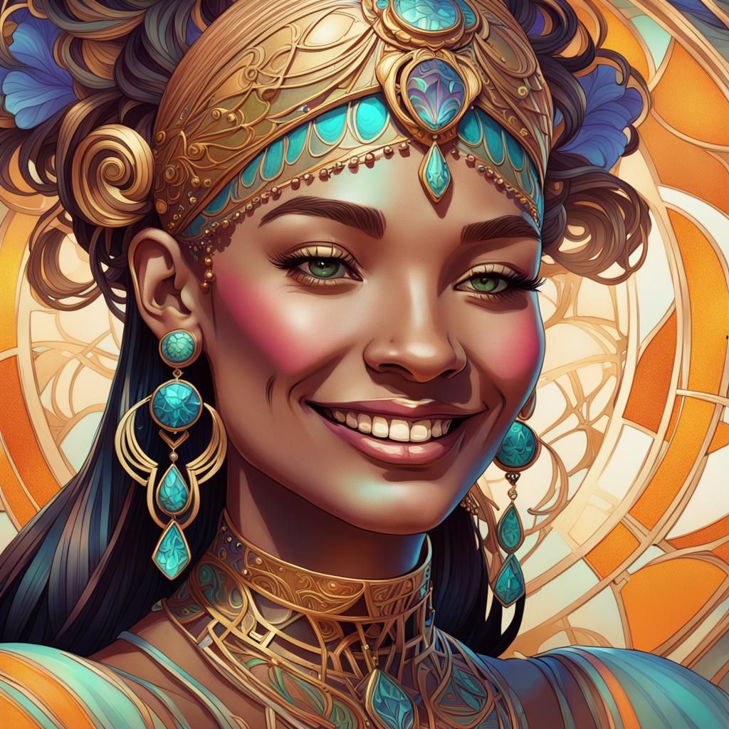 Smiling Girl Portrait with Art Nouveau Details