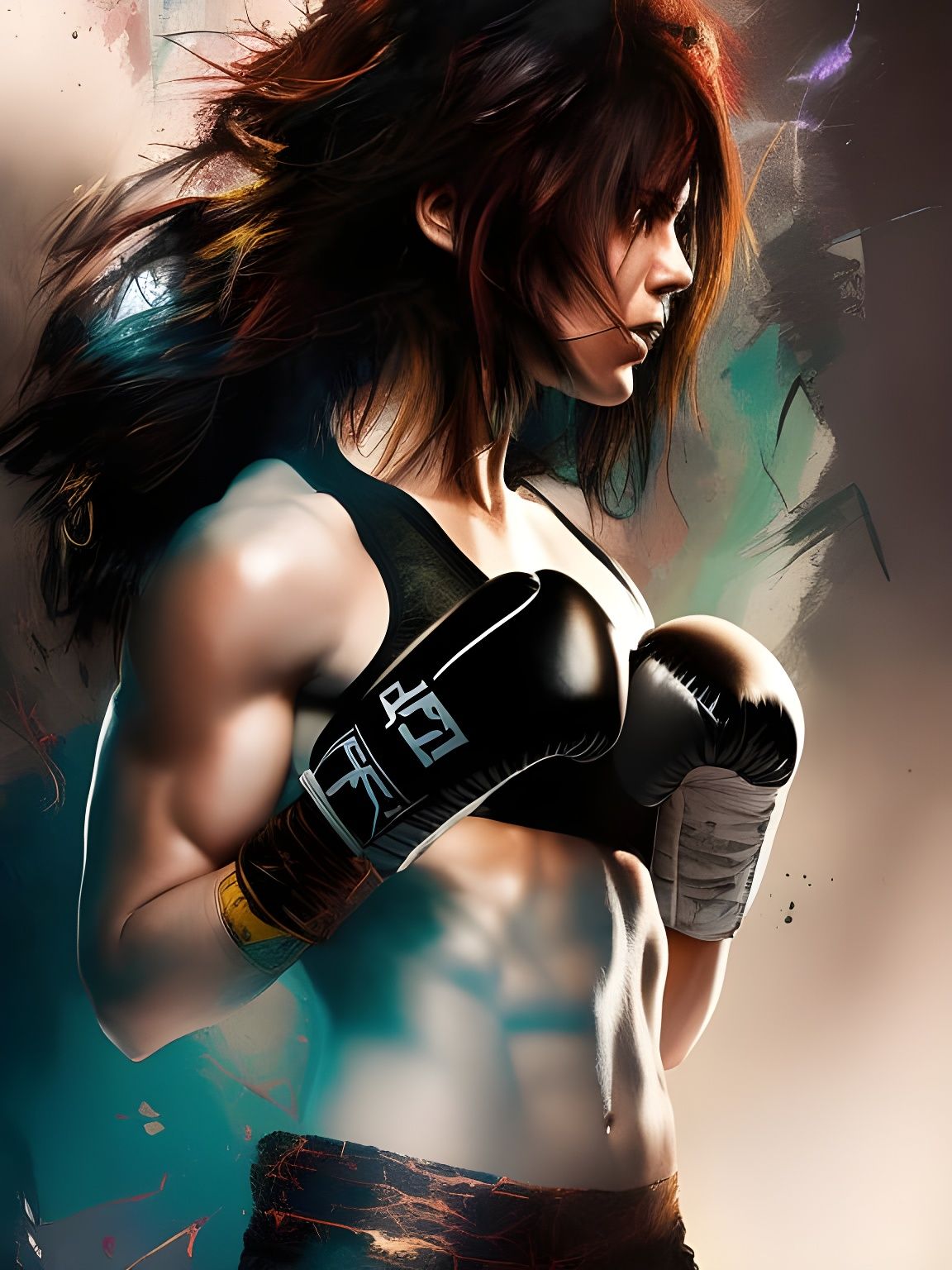 Female Fighter Punching in Boxing Ring, Digital Art