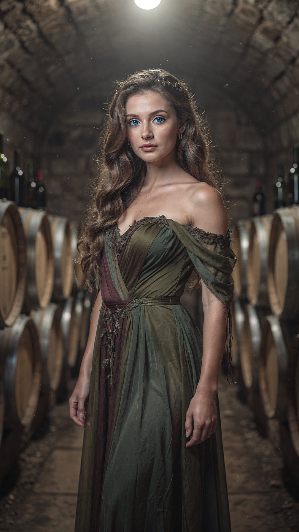 Photorealistic Nymph in Blue Eyes Wine Cellar