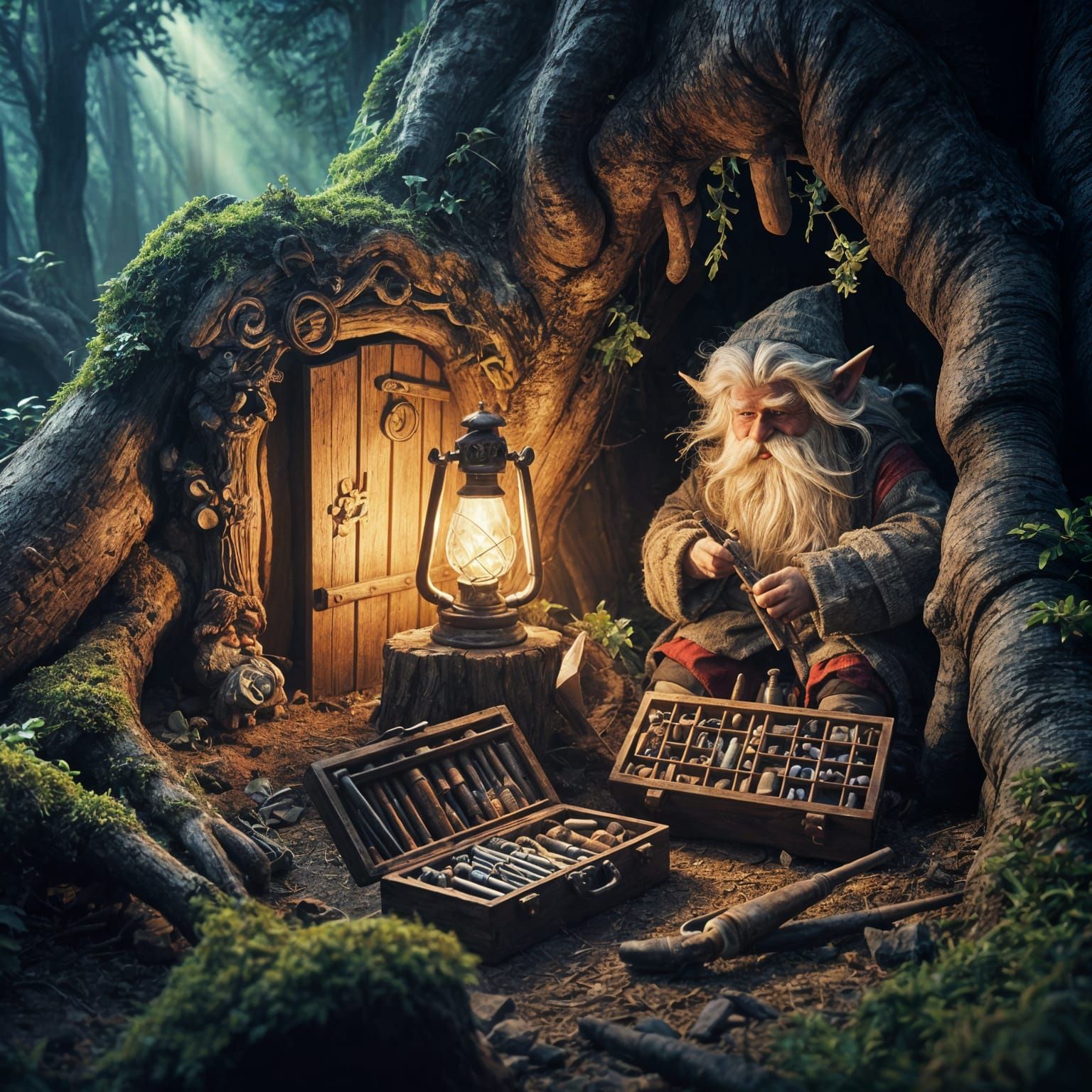 Gnome repairing the door of his house