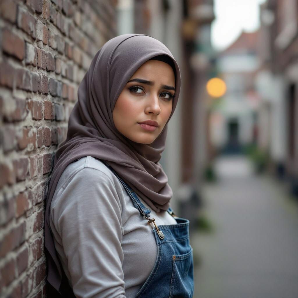 Muslim Cleaner in Tight Shirt Against Wall in Dutch Alley