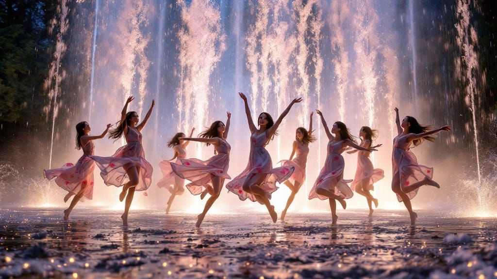 Ethereal Asian Dancers Under Nighttime Waterfall in Whimsica...