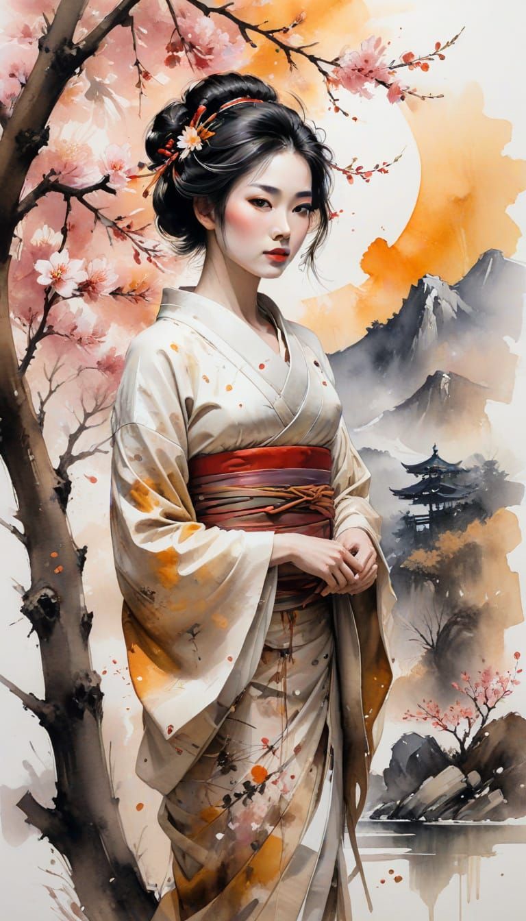 Geisha at Sunset Under Cherry Blossoms, Watercolour Art