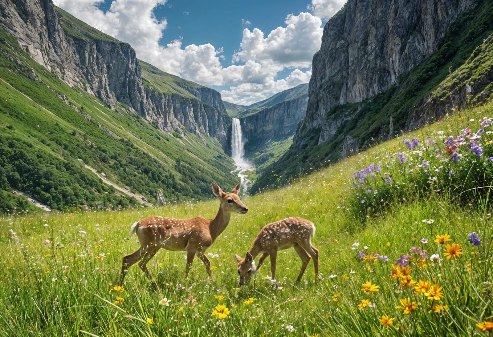Alpine Meadow with Deer and Waterfall