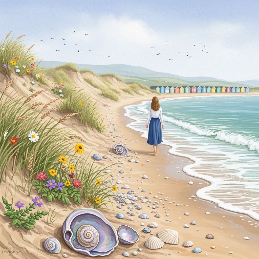 A beautiful port, rush, northern Ireland, beach, landscape, sand dunes, with wild, grasses, and flowers on them, iridesc...