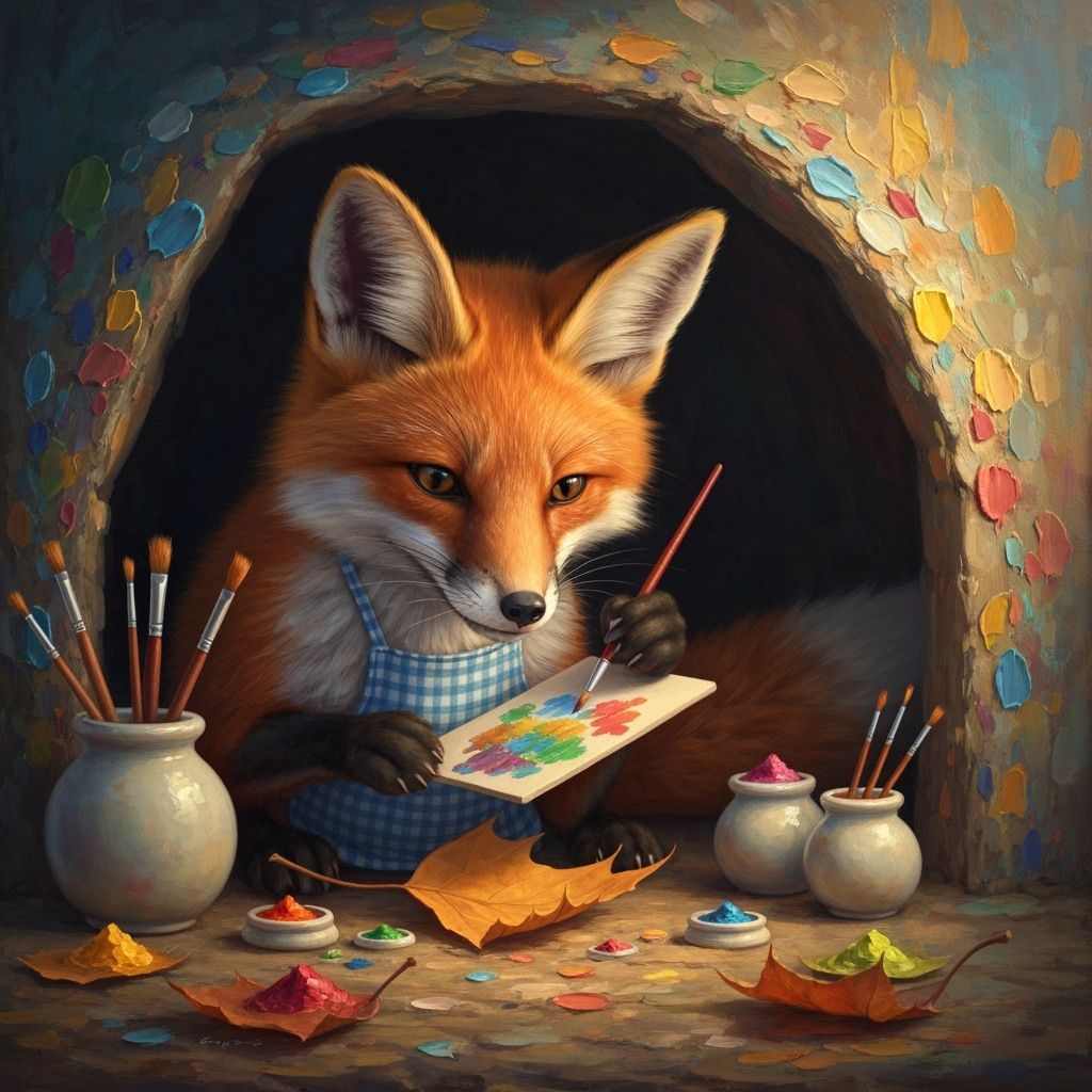 Shy Fox Paints Landscape in Cozy Den Oil Painting