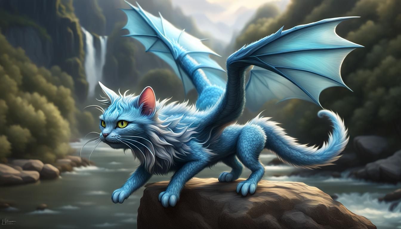 Blue Cat-Dragon Hybrid Flying Above River