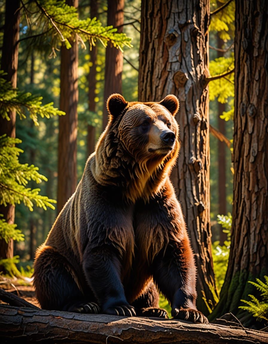Majestic Grizzly Bear in Warm Redwood Forest Glow