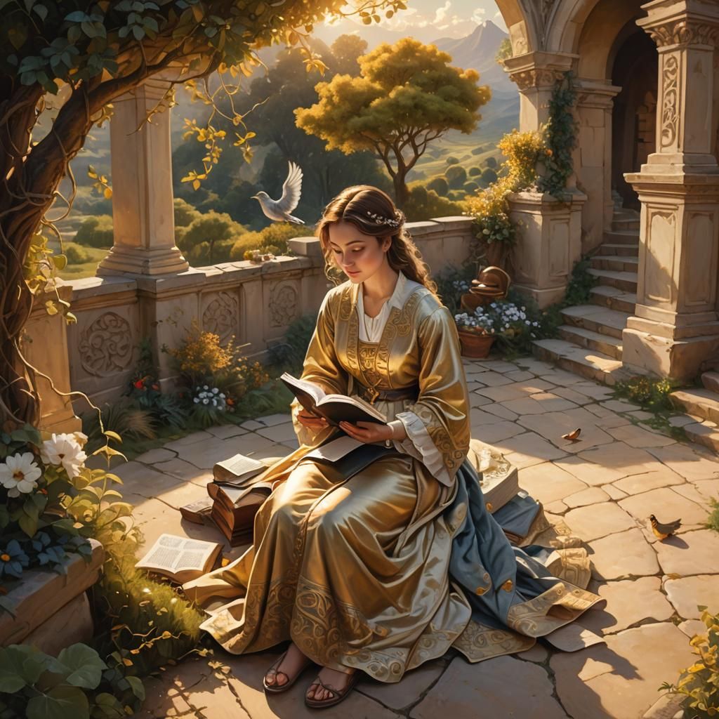 Woman Reading Book in Golden Light, Matte Painting