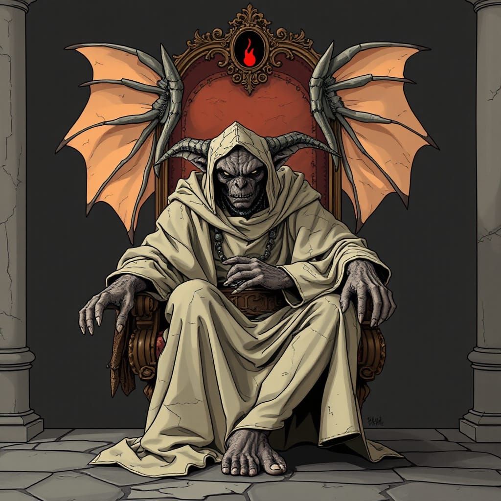 Gargoyle in Ornate Chair: Alphonse Mucha-Inspired Line Art