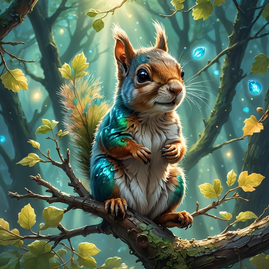 Adorable Squirrel Gazing at Glowing Acorn, Fantasy Art