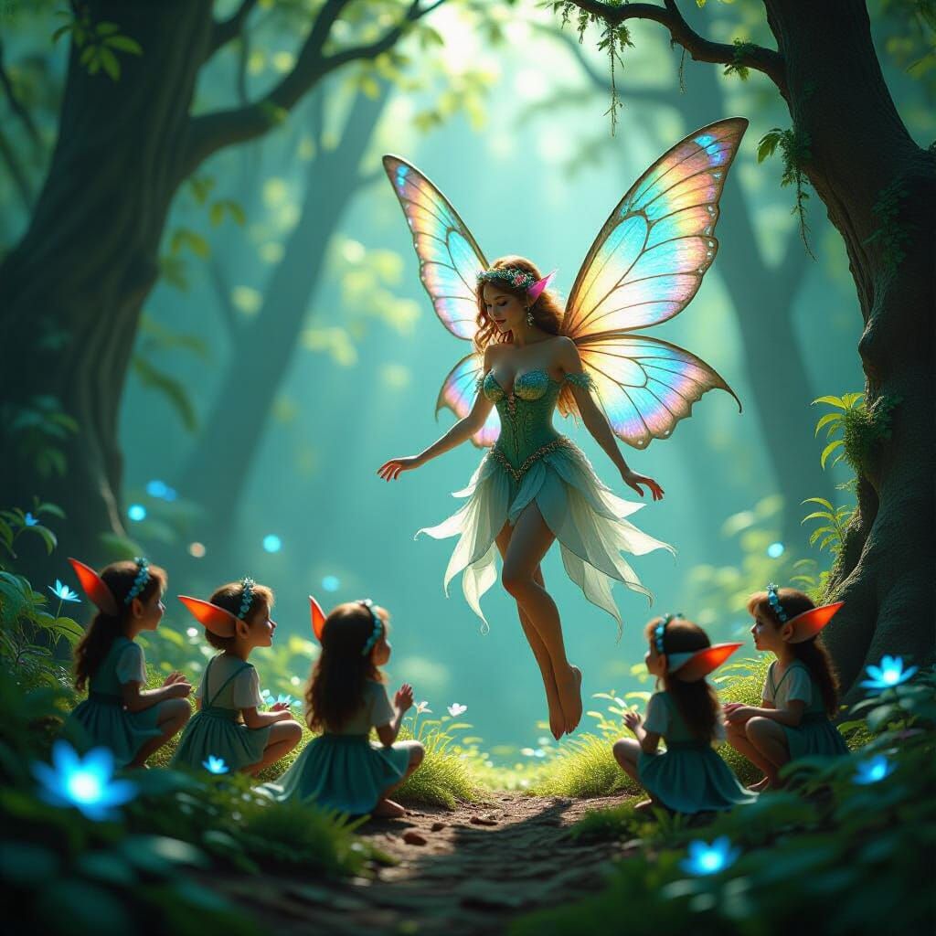 Enchanted Fairy Over Child Elves in Surreal Forest