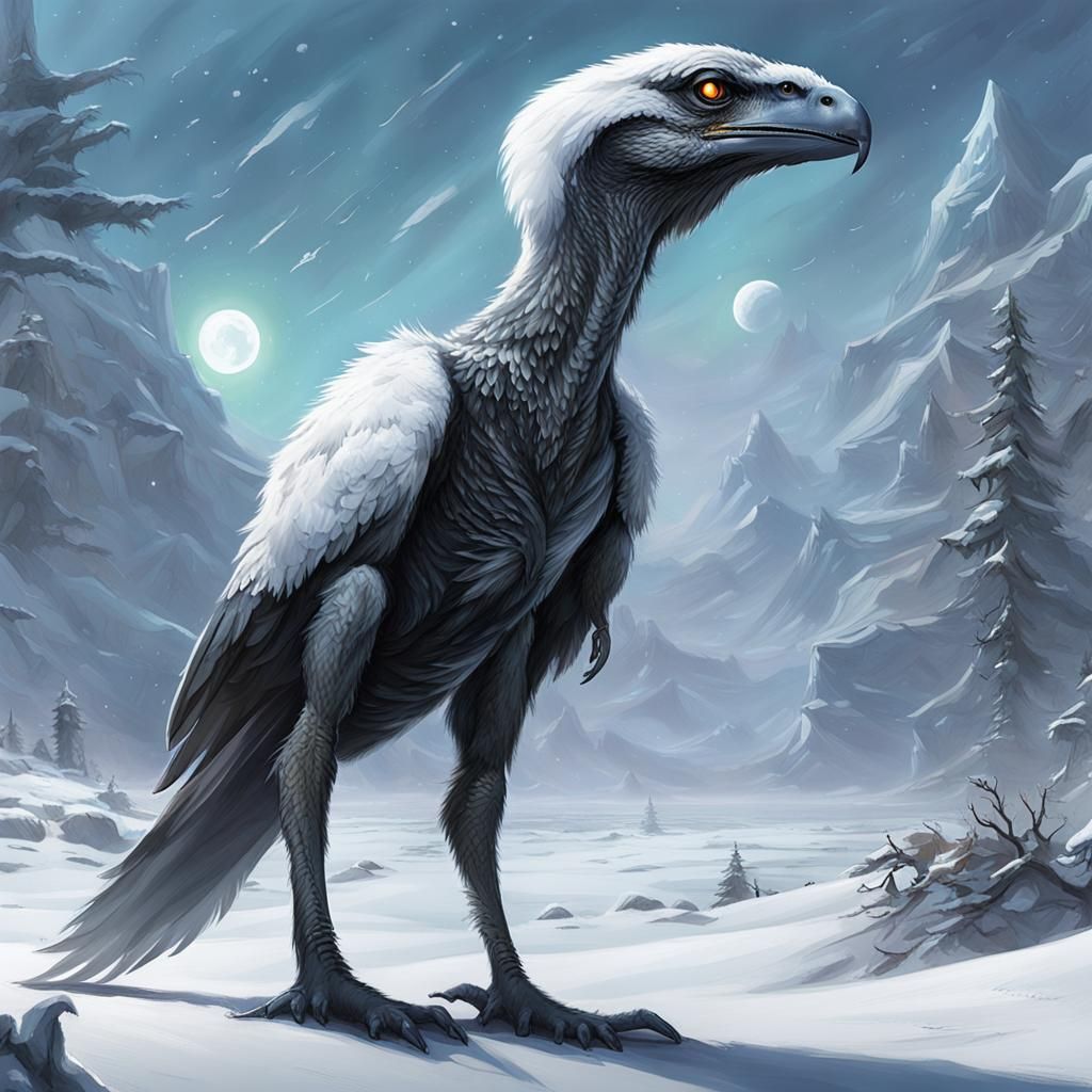 Snowy Feathered Raptor on Alien Exoplanet