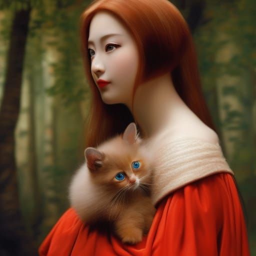 Girl with Kitten: Classical Portrait in Oil