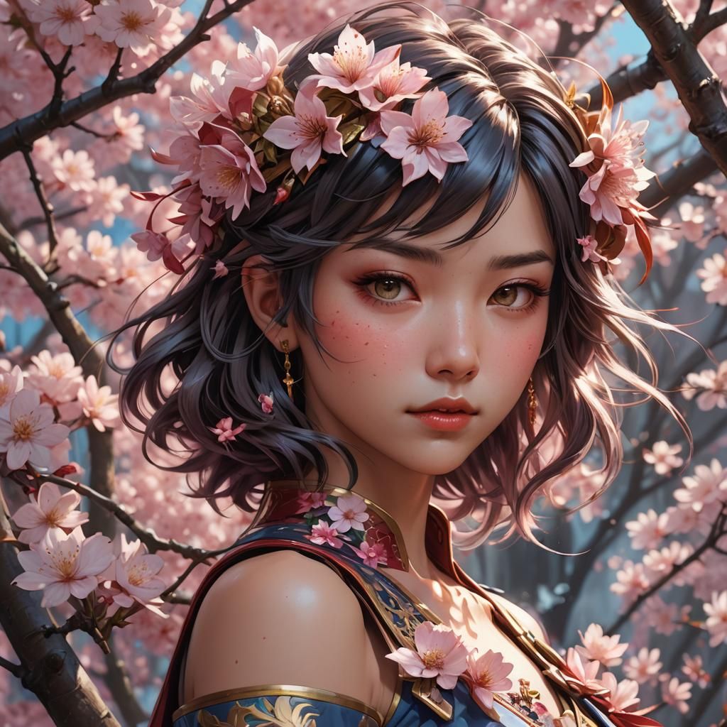 Ethereal Sakura Portrait in Cyberpunk Style